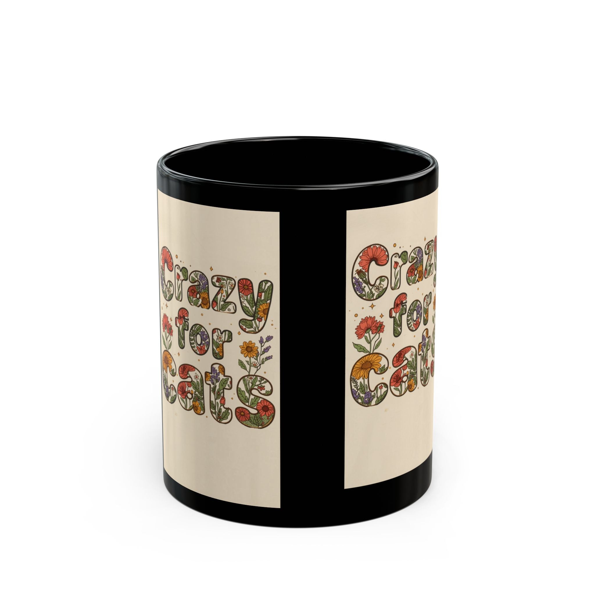 Crazy for Cats Floral Design Mug — Black Ceramic Coffee Cup