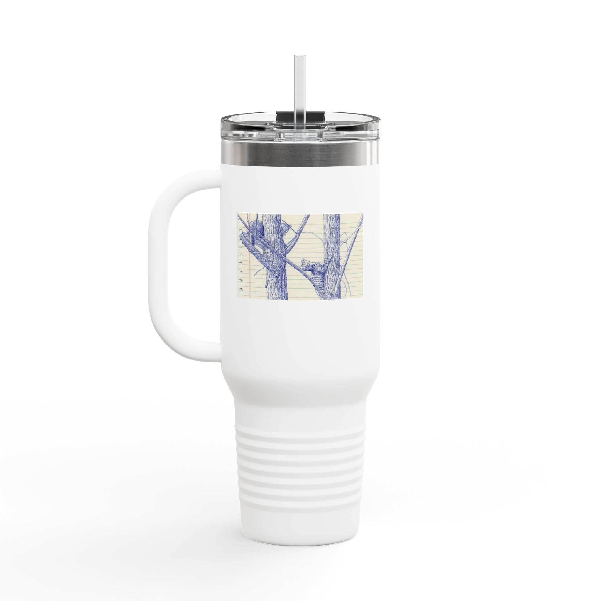40oz Insulated Travel Mug — Blue Cats Playing in Trees Sketch Stainless Steel Tumbler