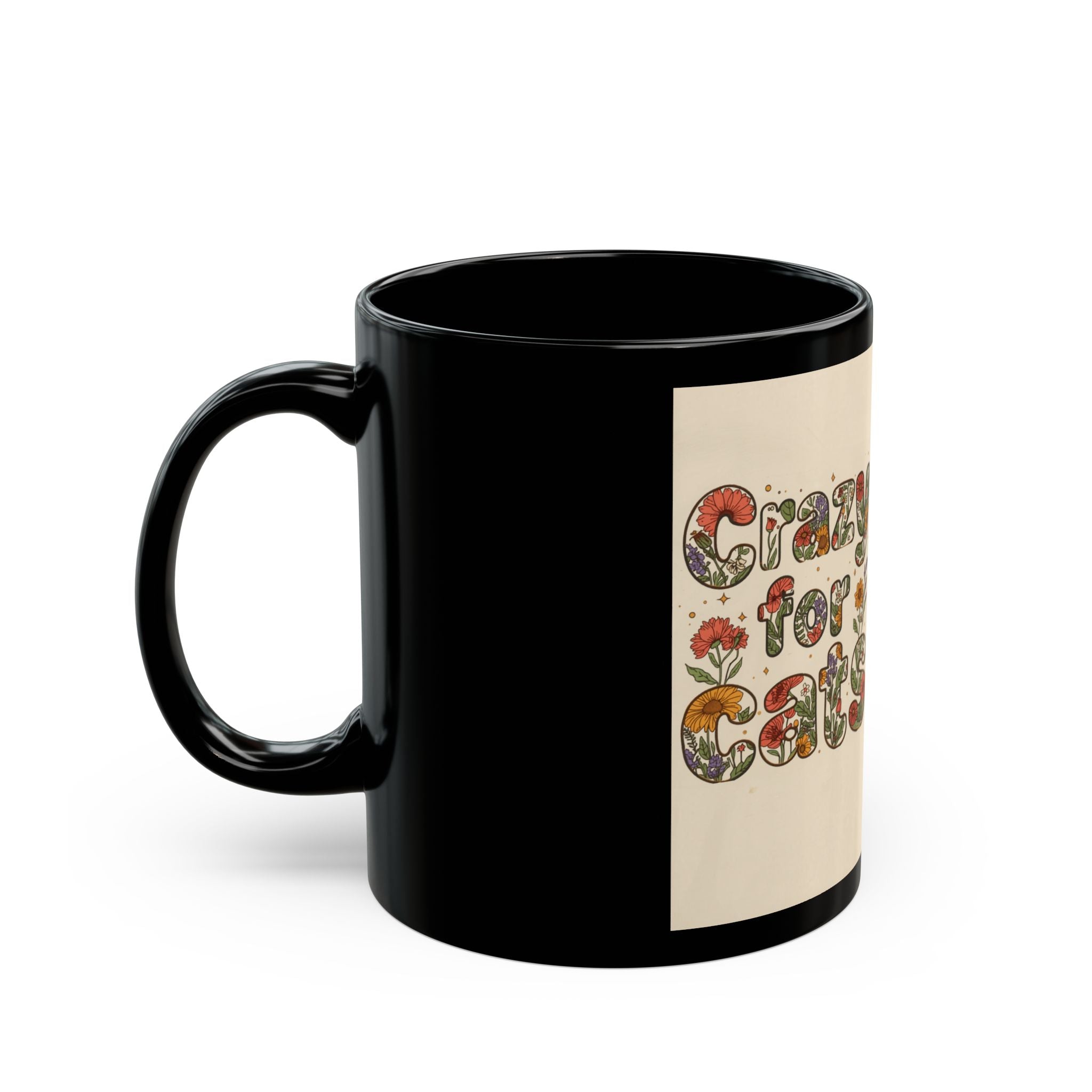 Crazy for Cats Floral Design Mug — Black Ceramic Coffee Cup
