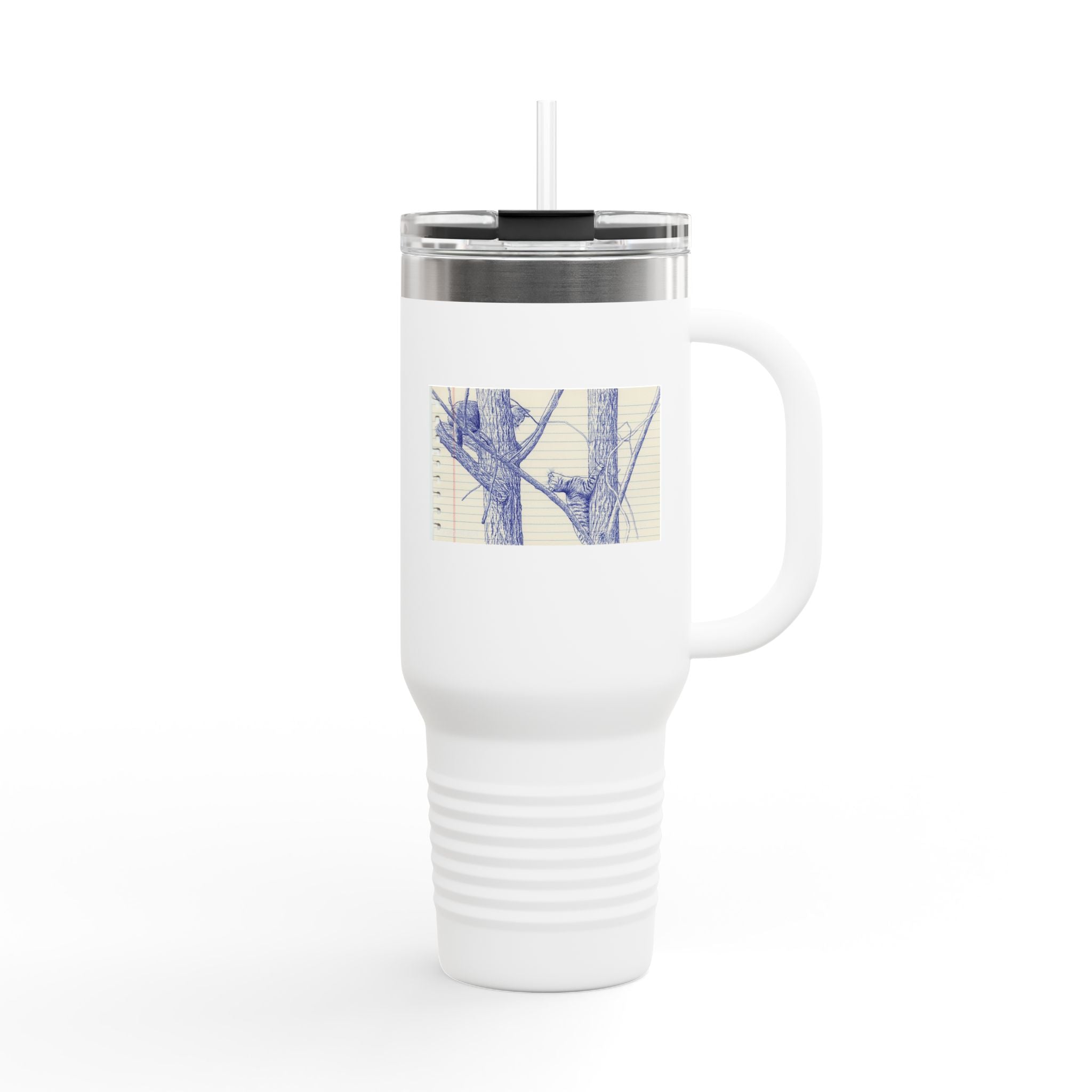 40oz Insulated Travel Mug — Blue Cats Playing in Trees Sketch Stainless Steel Tumbler